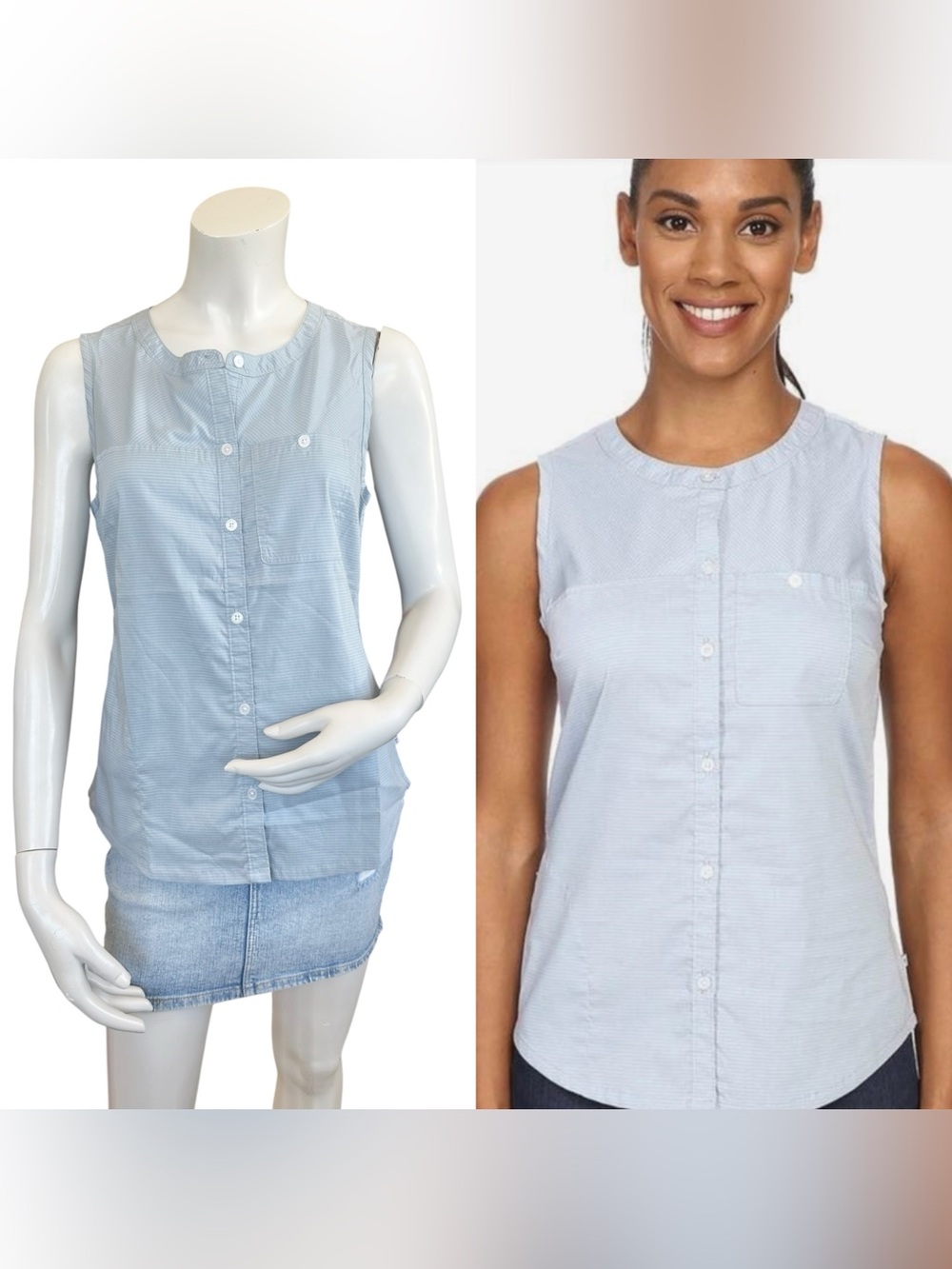 Toad & Co Pale Blue Striped Sleeveless Button Down Panoramic Tank Top Size Small